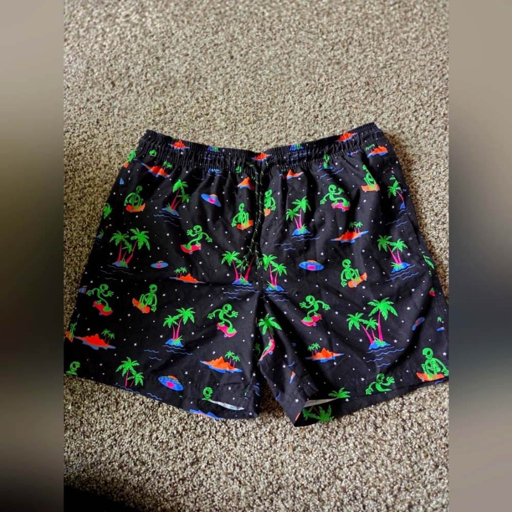 No Boundaries Black Swim Trunks with Neon Alien Print